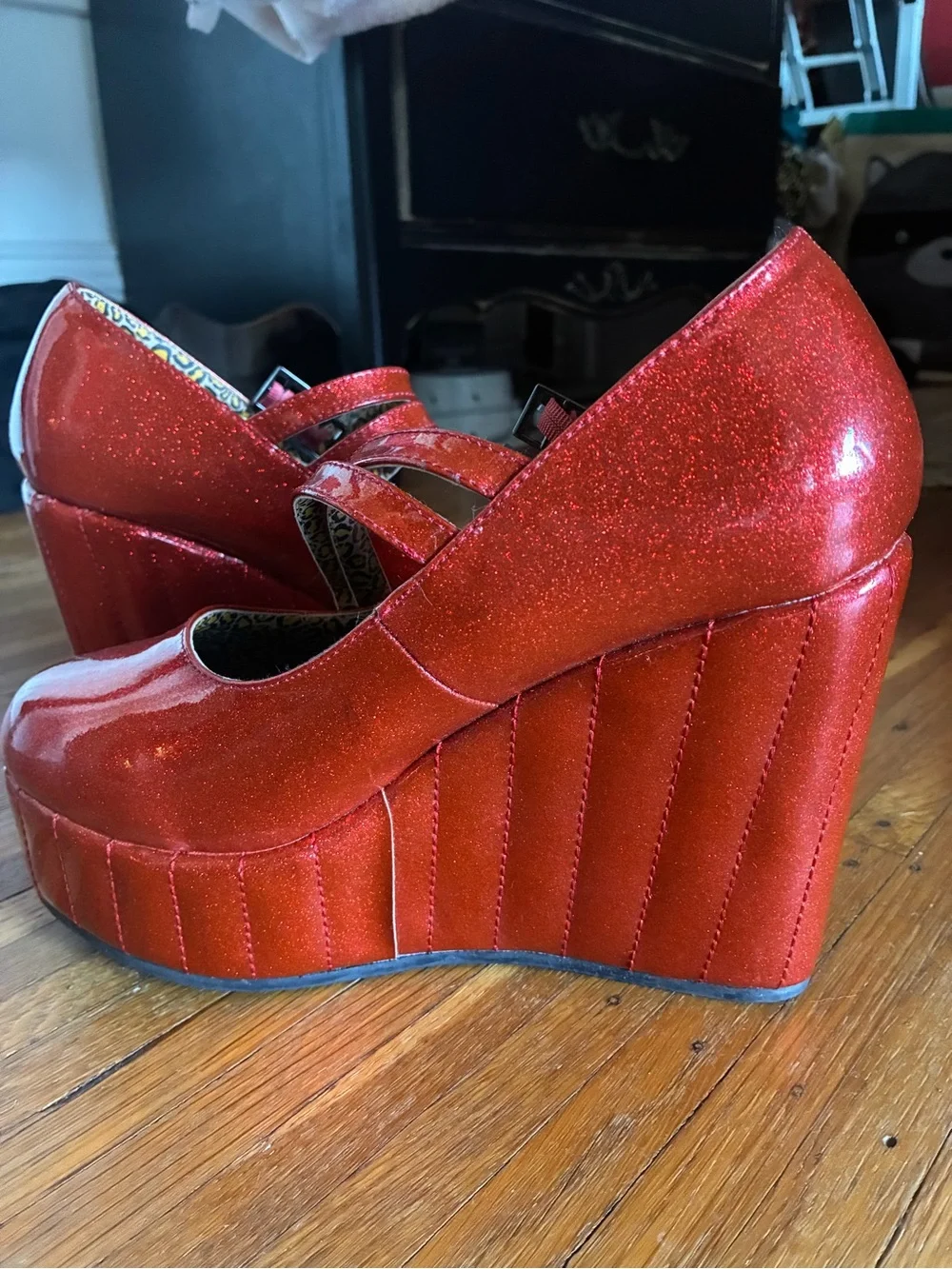 T.U.K Red Glitter Mary Jane Platform Wedges with Star Cutout